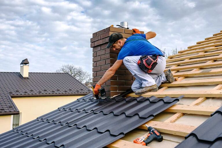 A homeowner observes and points at a steep asphalt-shingle roof with visible gutters and attic vents.