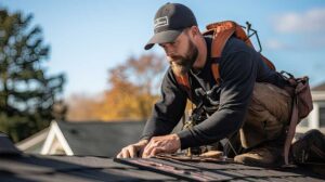 Homeowner sorts old shingles, metal flashing, and roofing debris into separate covered containers.