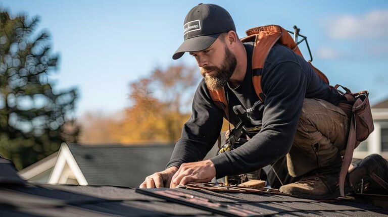 Homeowner sorts old shingles, metal flashing, and roofing debris into separate covered containers.